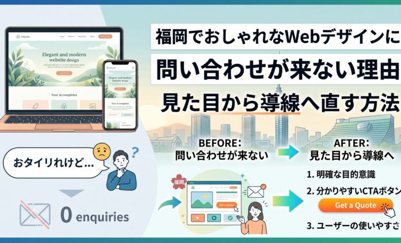 福岡でおしゃれなWebデザインにしたのに集客できない状態から、見た目を導線へ直して問い合わせが増える流れを示したイメージ