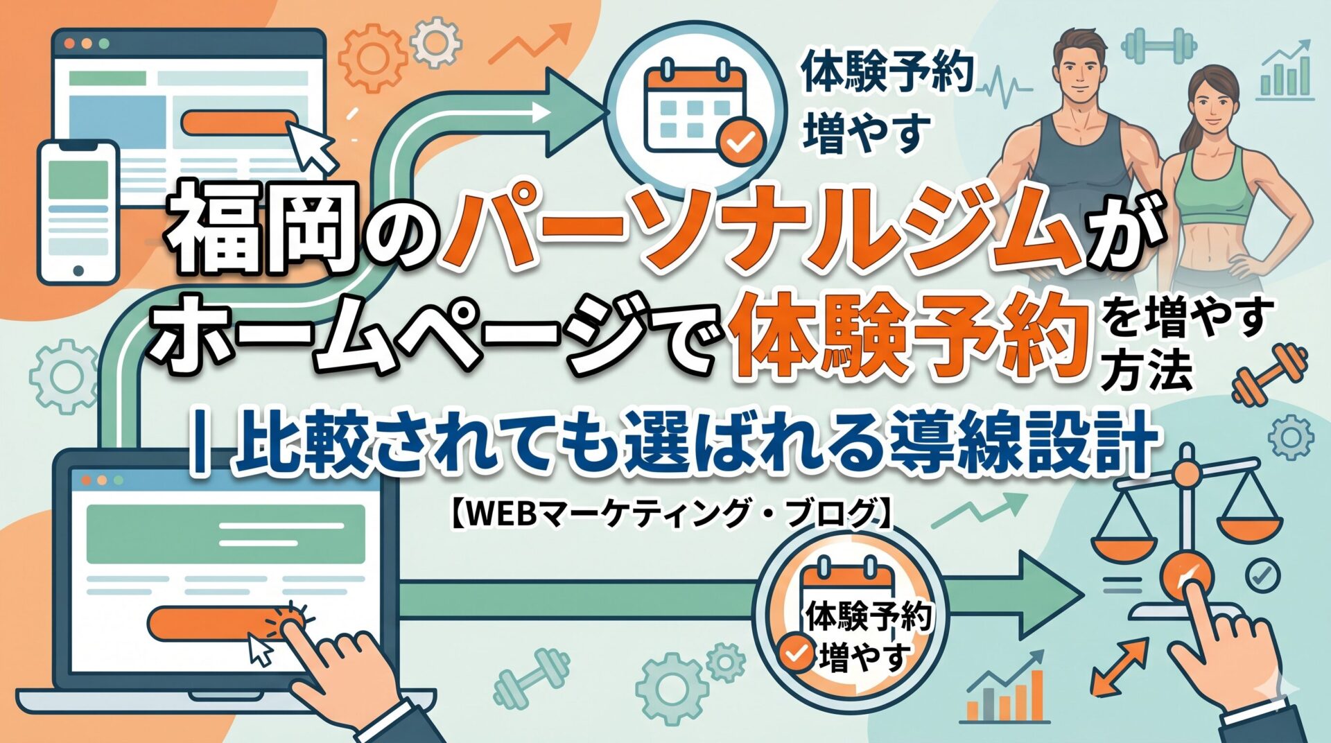福岡のパーソナルジムがホームページで体験予約を増やす方法|比較されても選ばれる導線設計のイメージ図。PC・スマホ画面から予約カレンダーへの導線と、男女トレーナーのイラストを配置したアイキャッチ画像。