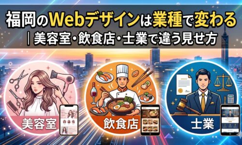 福岡の街並みを背景に、美容室・飲食店・士業の3業種それぞれのWebデザイン事例をスマートフォン画面とともに図解したアイキャッチ画像