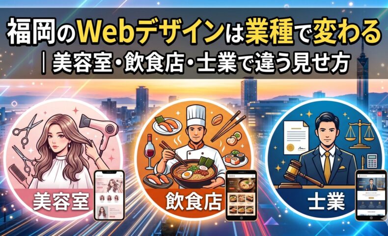 福岡の街並みを背景に、美容室・飲食店・士業の3業種それぞれのWebデザイン事例をスマートフォン画面とともに図解したアイキャッチ画像