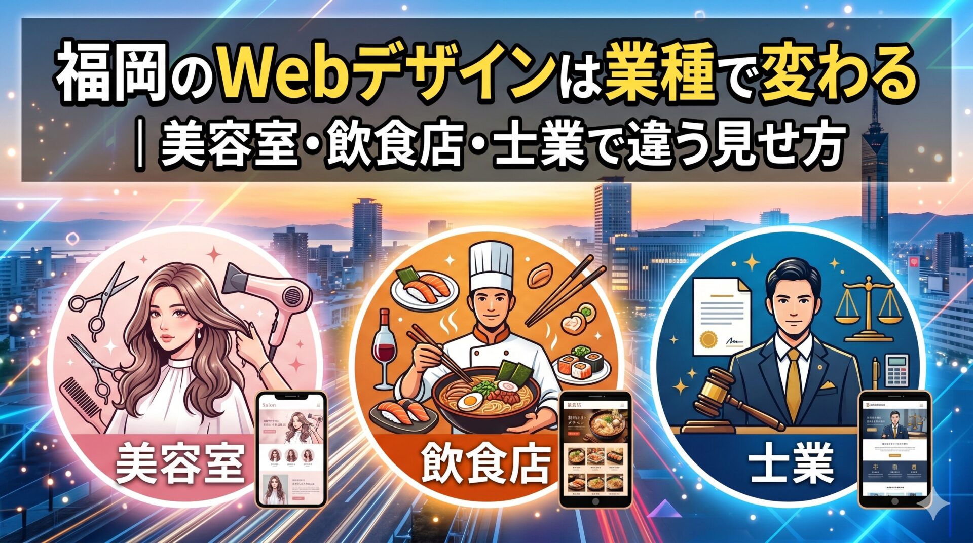 福岡の街並みを背景に、美容室・飲食店・士業の3業種それぞれのWebデザイン事例をスマートフォン画面とともに図解したアイキャッチ画像