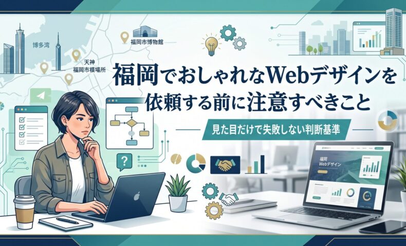福岡の天神・博多エリアの地図を背景に、女性がパソコンでWebデザインを検討しながら業者選びのフロー図と集客データを確認している、Webデザイン依頼前の注意点を解説する記事のアイキャッチ画像