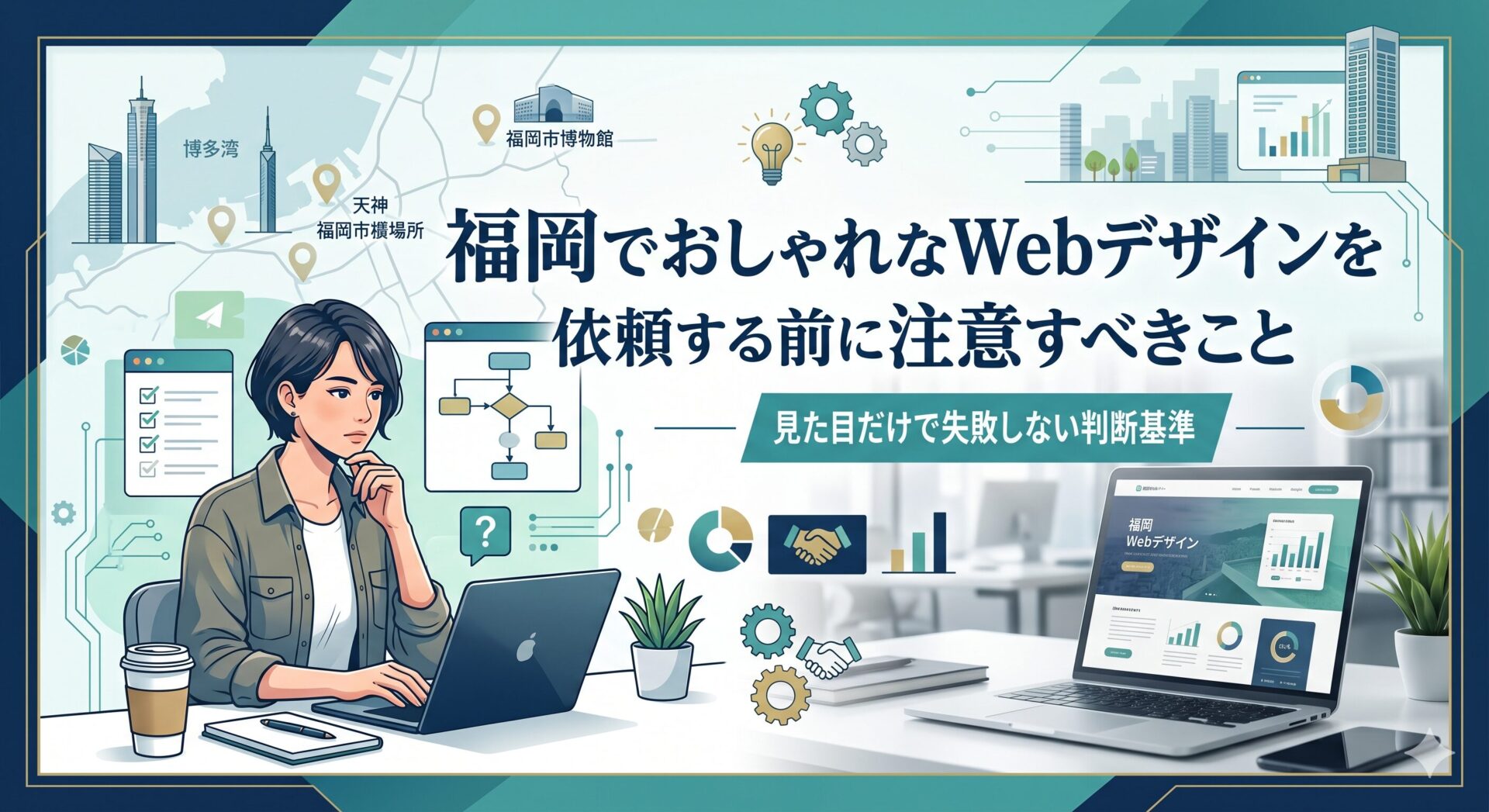 福岡の天神・博多エリアの地図を背景に、女性がパソコンでWebデザインを検討しながら業者選びのフロー図と集客データを確認している、Webデザイン依頼前の注意点を解説する記事のアイキャッチ画像
