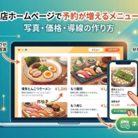 福岡の飲食店ホームページで予約が増えるメニュー表の見せ方を、写真・価格・予約導線の3つの作り方で解説するアイキャッチ画像