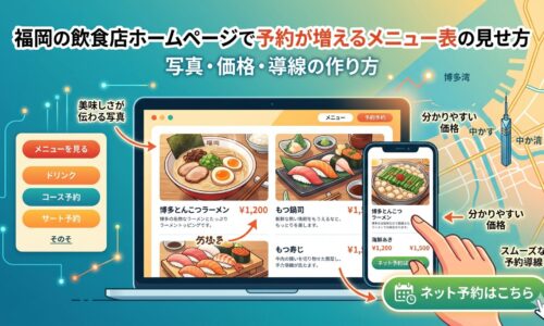 福岡の飲食店ホームページで予約が増えるメニュー表の見せ方を、写真・価格・予約導線の3つの作り方で解説するアイキャッチ画像