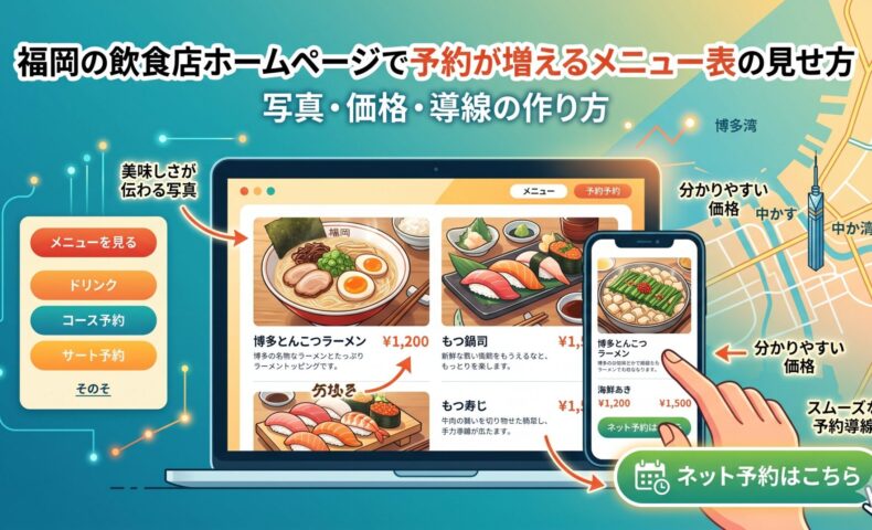 福岡の飲食店ホームページで予約が増えるメニュー表の見せ方を、写真・価格・予約導線の3つの作り方で解説するアイキャッチ画像