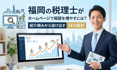 福岡の税理士がホームページで相談を増やすには？紹介頼みから抜け出すSEO設計のアイキャッチ画像。スーツ姿の男性がSEOダッシュボードと問い合わせ増加グラフを指し示しているイメージ。