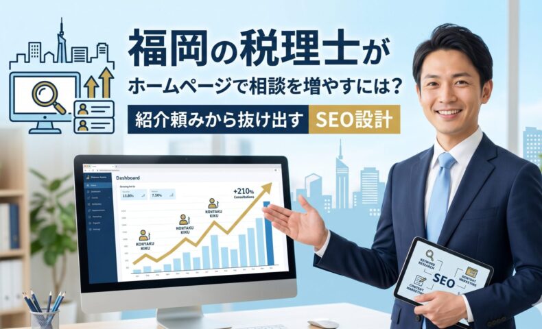 福岡の税理士がホームページで相談を増やすには？紹介頼みから抜け出すSEO設計のアイキャッチ画像。スーツ姿の男性がSEOダッシュボードと問い合わせ増加グラフを指し示しているイメージ。