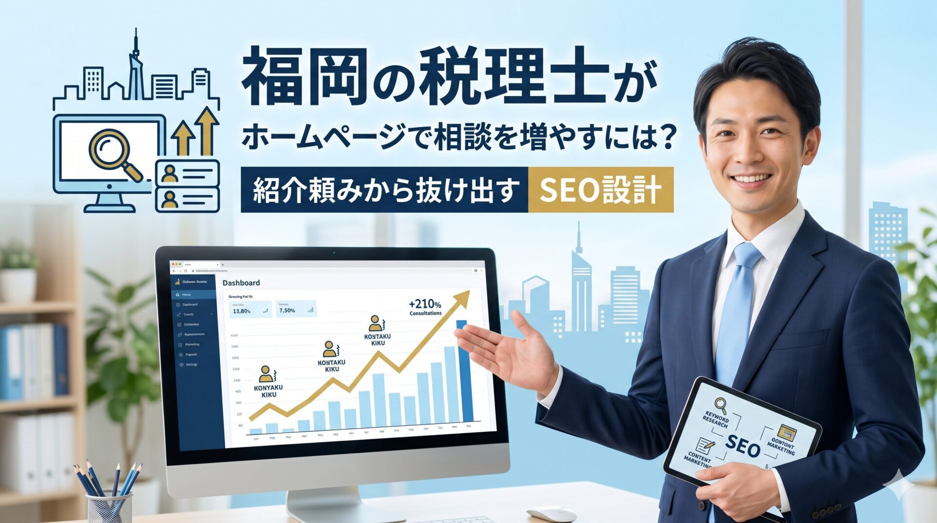 福岡の税理士がホームページで相談を増やすには?紹介頼みから抜け出すSEO設計のアイキャッチ画像。スーツ姿の男性がSEOダッシュボードと問い合わせ増加グラフを指し示しているイメージ。