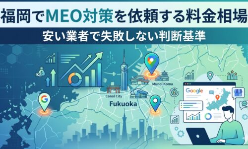 福岡でMEO対策を依頼する料金相場と失敗しない判断基準を図解したアイキャッチ画像。福岡市の地図上にGoogleマップのピンと売上グラフの上昇矢印を配置し、Canal City・Fukuoka Towerなどのランドマークとともに、Googleビジネスプロフィール管理画面を操作する男性のイラストを表示。