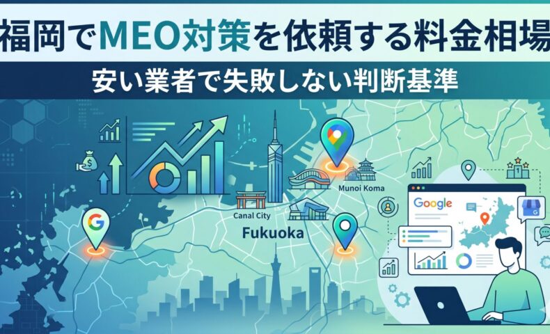 福岡でMEO対策を依頼する料金相場と失敗しない判断基準を図解したアイキャッチ画像。福岡市の地図上にGoogleマップのピンと売上グラフの上昇矢印を配置し、Canal City・Fukuoka Towerなどのランドマークとともに、Googleビジネスプロフィール管理画面を操作する男性のイラストを表示。