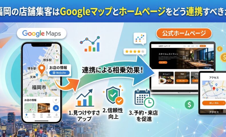 福岡の店舗集客でGoogleマップとホームページを連携させ、見つけやすさ・信頼性・予約来店を高める相乗効果を示した図解