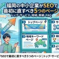 福岡の中小企業向けにSEO対策で最初に改善すべきトップ・サービス・地域・実績・FAQページを解説したアイキャッチ画像