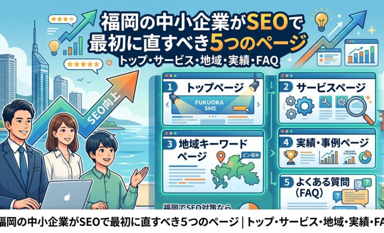 福岡の中小企業向けにSEO対策で最初に改善すべきトップ・サービス・地域・実績・FAQページを解説したアイキャッチ画像