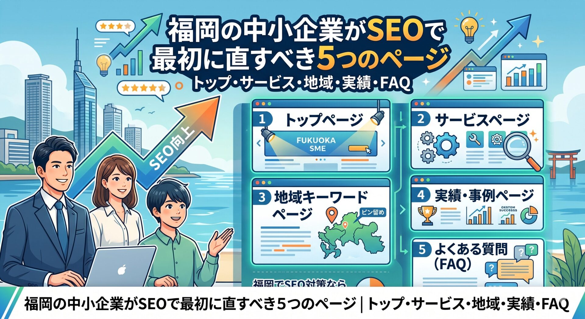 福岡の中小企業向けにSEO対策で最初に改善すべきトップ・サービス・地域・実績・FAQページを解説したアイキャッチ画像