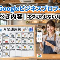 カフェのスタッフがGoogleビジネスプロフィールの投稿画面を表示したスマートフォンを持ち、5月の月間運用カレンダーを指し示しているイメージ写真。新メニュー・スタッフ紹介・お客様の声・イベントなど投稿ネタが書かれたカレンダーが見える。