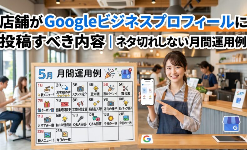 カフェのスタッフがGoogleビジネスプロフィールの投稿画面を表示したスマートフォンを持ち、5月の月間運用カレンダーを指し示しているイメージ写真。新メニュー・スタッフ紹介・お客様の声・イベントなど投稿ネタが書かれたカレンダーが見える。