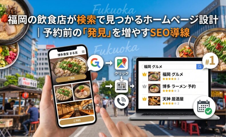 福岡の飲食店が検索で見つかるホームページ設計を表したアイキャッチ画像。予約前の発見を増やすSEO導線を示している