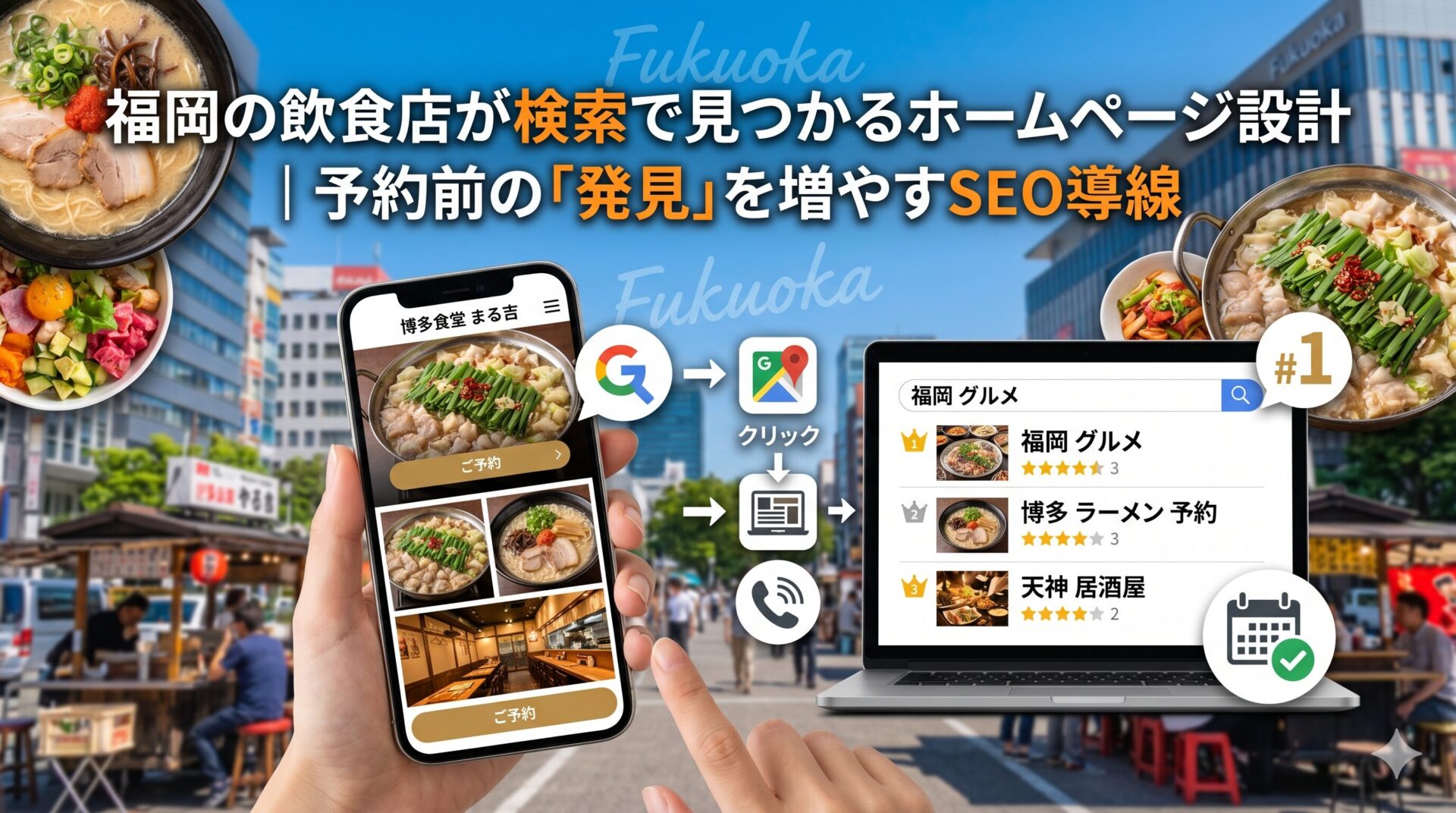 福岡の飲食店が検索で見つかるホームページ設計を表したアイキャッチ画像。予約前の発見を増やすSEO導線を示している