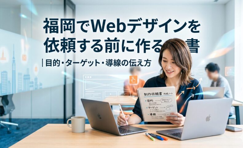 福岡でWebデザインを依頼する前に、制作依頼書の作成ノートを手に取りながらパソコンで目的・ターゲット・導線を整理している女性のイメージ画像
