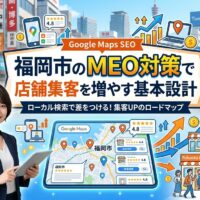 福岡市の繁華街を背景に、GoogleマップのMEO対策で店舗集客を増やす基本設計を解説するアイキャッチ画像。スーツ姿の女性がタブレットを持ち、Googleマップの口コミ・評価・ピン・上昇グラフが描かれている。