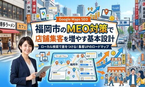 福岡市の繁華街を背景に、GoogleマップのMEO対策で店舗集客を増やす基本設計を解説するアイキャッチ画像。スーツ姿の女性がタブレットを持ち、Googleマップの口コミ・評価・ピン・上昇グラフが描かれている。
