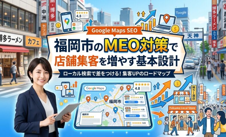 福岡市の繁華街を背景に、GoogleマップのMEO対策で店舗集客を増やす基本設計を解説するアイキャッチ画像。スーツ姿の女性がタブレットを持ち、Googleマップの口コミ・評価・ピン・上昇グラフが描かれている。