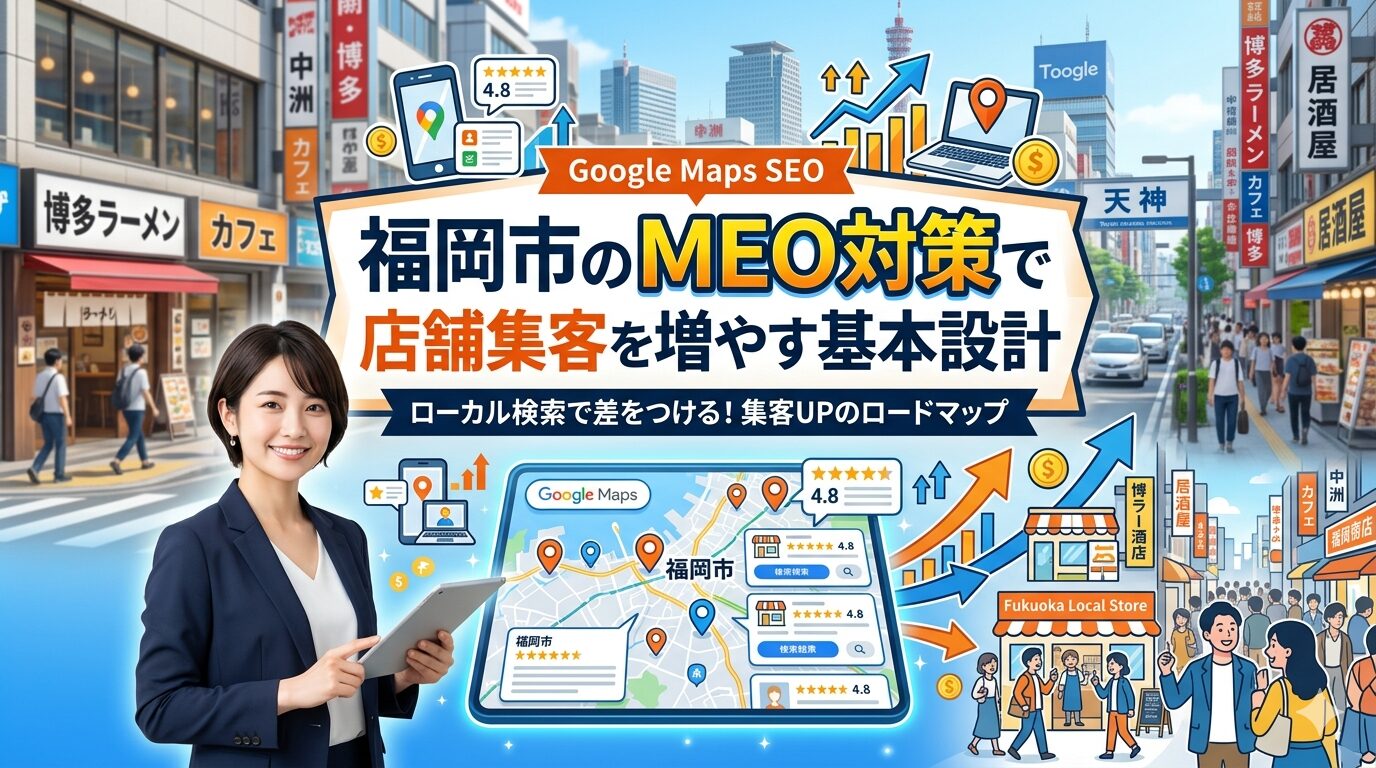 福岡市の繁華街を背景に、GoogleマップのMEO対策で店舗集客を増やす基本設計を解説するアイキャッチ画像。スーツ姿の女性がタブレットを持ち、Googleマップの口コミ・評価・ピン・上昇グラフが描かれている。
