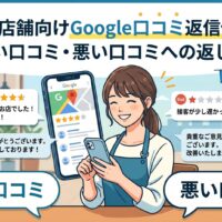 福岡の店舗スタッフがスマートフォンでGoogleマップの口コミを確認しながら返信しているイラスト。良い口コミ（★5）と悪い口コミ（★1）への返信例が吹き出しで表示されている。