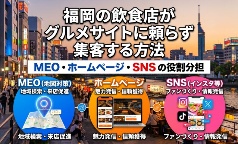福岡の飲食店がグルメサイトに頼らず集客する方法を解説したアイキャッチ画像。福岡・中洲の屋台街を背景に、MEO（地図対策）・ホームページ・SNSの役割分担を図解している。