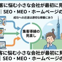 福岡で集客に悩む小さな会社が最初に見直すべき集客導線を表したアイキャッチ画像。SEO・MEO・ホームページの優先順位を示している