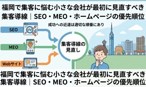福岡で集客に悩む小さな会社が最初に見直すべき集客導線を表したアイキャッチ画像。SEO・MEO・ホームページの優先順位を示している