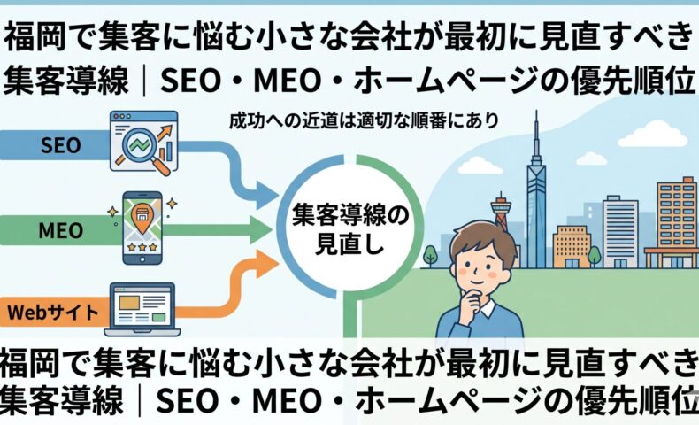 福岡で集客に悩む小さな会社が最初に見直すべき集客導線を表したアイキャッチ画像。SEO・MEO・ホームページの優先順位を示している