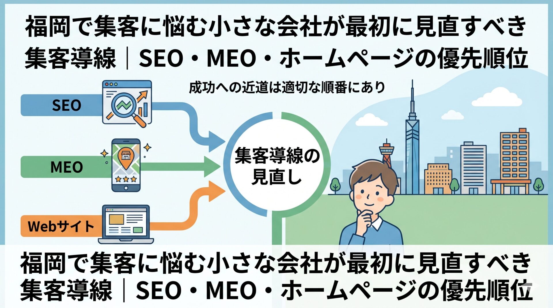 福岡で集客に悩む小さな会社が最初に見直すべき集客導線を表したアイキャッチ画像。SEO・MEO・ホームページの優先順位を示している