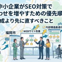 福岡市の地図を背景に、ビジネスパーソンがWEBサイト改善・内部構造最適化・導線設計を議論しているイラスト。記事作成よりも先に取り組むべきSEO対策の優先順位を図解。
