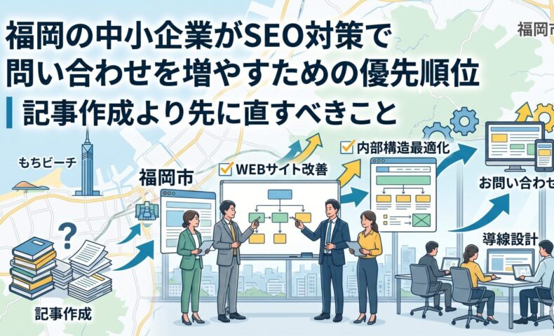 福岡市の地図を背景に、ビジネスパーソンがWEBサイト改善・内部構造最適化・導線設計を議論しているイラスト。記事作成よりも先に取り組むべきSEO対策の優先順位を図解。