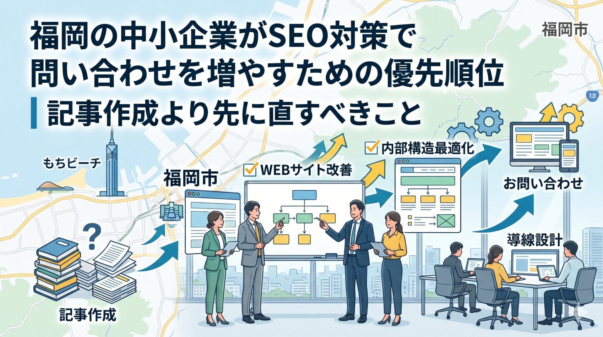 福岡市の地図を背景に、ビジネスパーソンがWEBサイト改善・内部構造最適化・導線設計を議論しているイラスト。記事作成よりも先に取り組むべきSEO対策の優先順位を図解。
