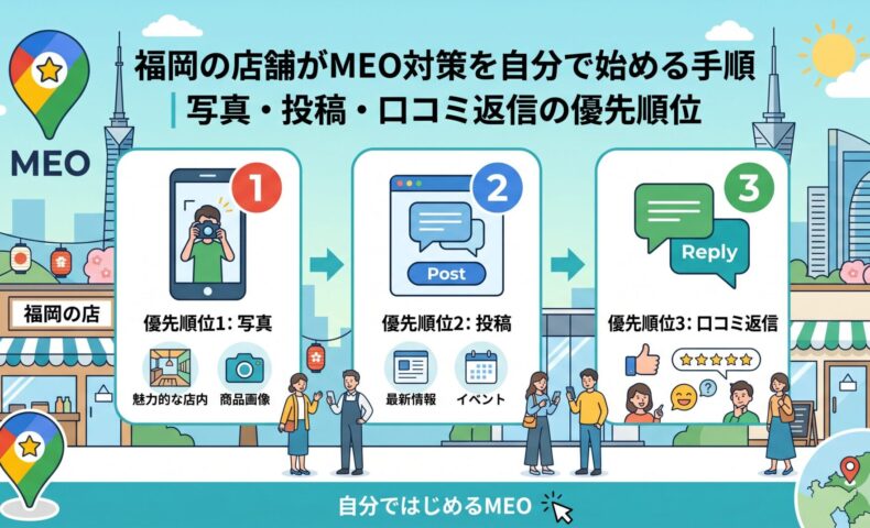 福岡の店舗がMEO対策を自分でやる手順を、写真・口コミ返信・投稿の優先順位で示したインフォグラフィック