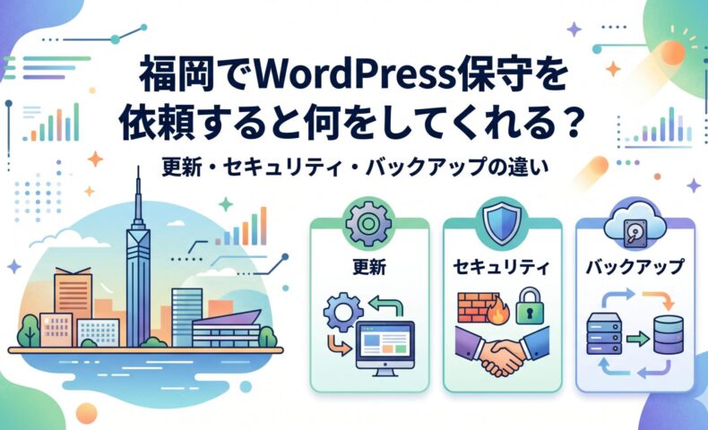 福岡でWordPress保守を依頼すると何をしてくれるのか、更新・セキュリティ・バックアップの3つの違いを解説するアイキャッチ画像