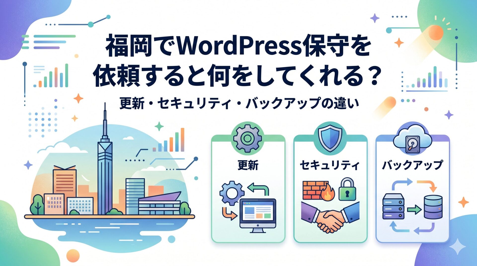 福岡でWordPress保守を依頼すると何をしてくれるのか、更新・セキュリティ・バックアップの3つの違いを解説するアイキャッチ画像