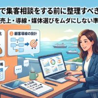 福岡で集客相談をする前に整理すべき売上・導線・媒体選びの3つの準備項目を示す図解