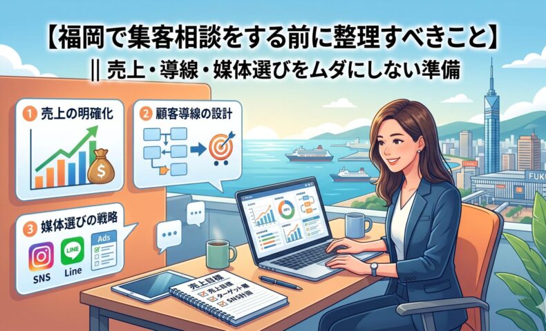福岡で集客相談をする前に整理すべき売上・導線・媒体選びの3つの準備項目を示す図解