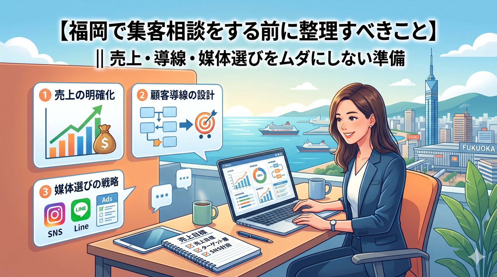 福岡で集客相談をする前に整理すべき売上・導線・媒体選びの3つの準備項目を示す図解