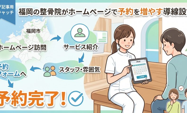 福岡の整骨院でタブレットを使い予約フォームを案内する女性スタッフと来院した患者を表したホームページ集客の導線イラスト
