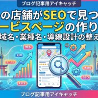 博多の店舗がSEOで見つかるサービスページの作り方を表したアイキャッチ画像。地域名・業種名・導線設計のポイントを示している
