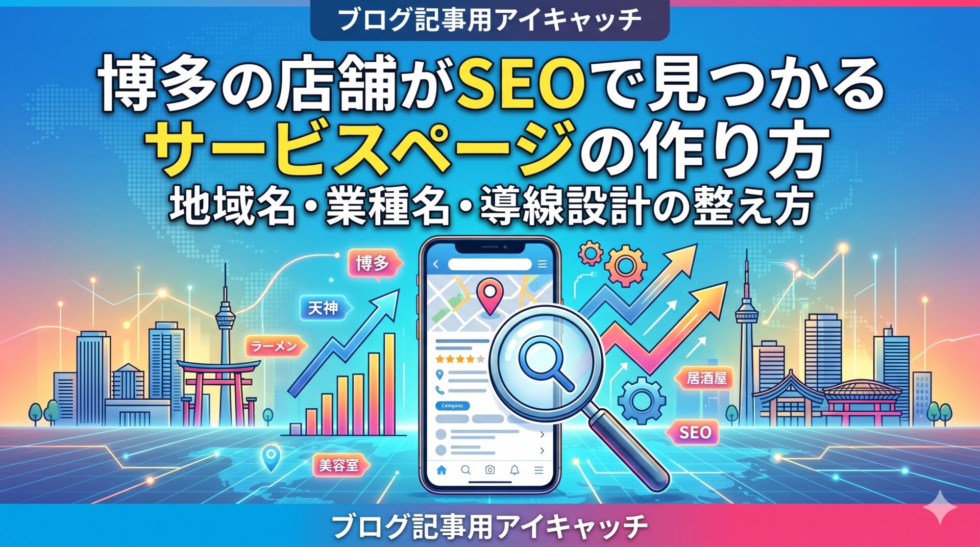 博多の店舗がSEOで見つかるサービスページの作り方を表したアイキャッチ画像。地域名・業種名・導線設計のポイントを示している