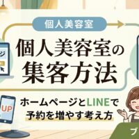 個人美容室の集客方法をテーマにしたアイキャッチ画像。美容室の内装を背景に、ホームページの予約画面とLINE公式アカウントの予約ボタン、予約数UPを示すスマートフォンと女性オーナーのイラストが描かれている。
