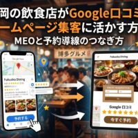 福岡の飲食店がGoogle口コミをホームページ集客に活かす流れを示したイメージ。Googleマップの口コミからホームページの予約導線へつながる様子