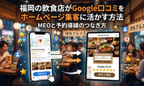 福岡の飲食店がGoogle口コミをホームページ集客に活かす流れを示したイメージ。Googleマップの口コミからホームページの予約導線へつながる様子