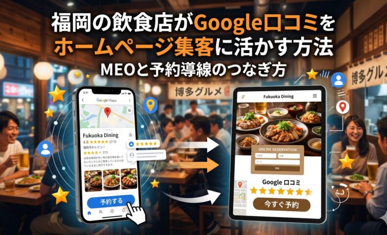 福岡の飲食店がGoogle口コミをホームページ集客に活かす流れを示したイメージ。Googleマップの口コミからホームページの予約導線へつながる様子
